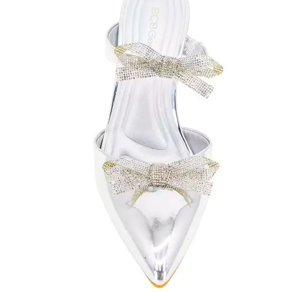 New BCBGenerationBardia Metallic Patent Rhinestone Bows Dress Mules