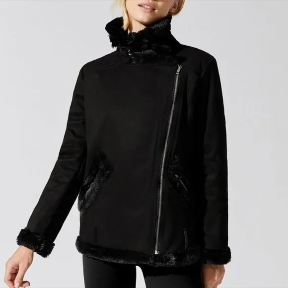 NEW Beach Riot Aspen micro suede faux fur lined black moto jacket Size Large