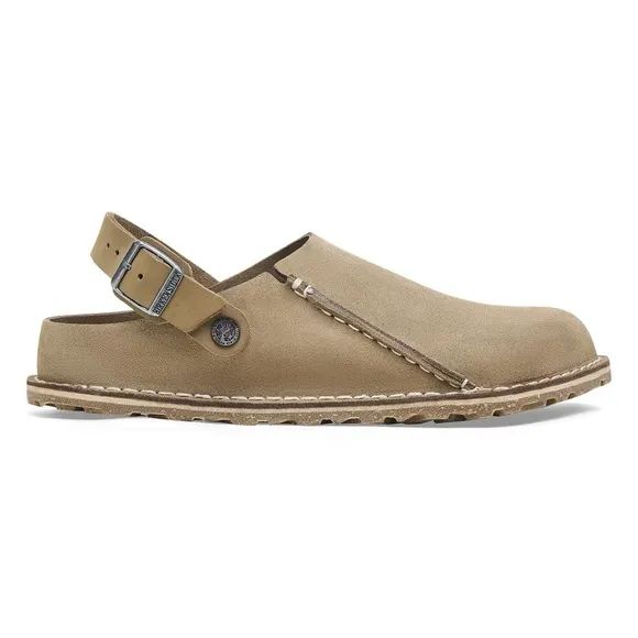 New Birkenstock Lutry Premium Suede Taupe Clogs with Backstrap, size 44, US 11