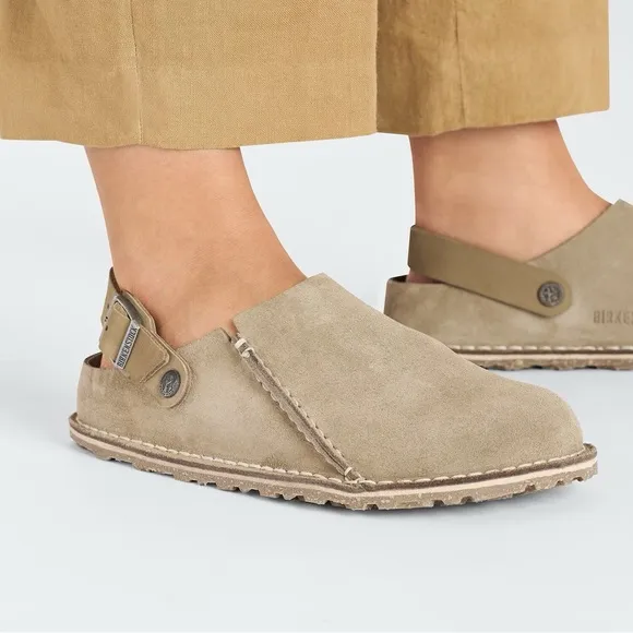 New Birkenstock Lutry Premium Suede Taupe Clogs with Backstrap, size 44, US 11