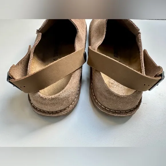 New Birkenstock Lutry Premium Suede Taupe Clogs with Backstrap, size 44, US 11