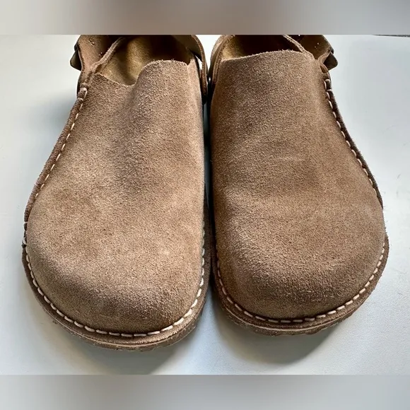 New Birkenstock Lutry Premium Suede Taupe Clogs with Backstrap, size 44, US 11