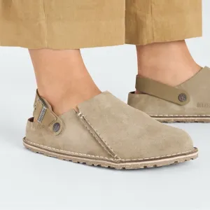New Birkenstock Lutry Premium Suede Taupe Clogs with Backstrap, size 44, US 11