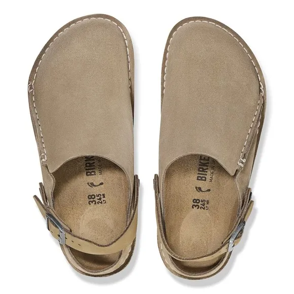 New Birkenstock Lutry Premium Suede Taupe Clogs with Backstrap, size 44, US 11