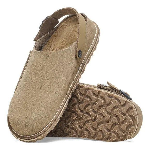 New Birkenstock Lutry Premium Suede Taupe Clogs with Backstrap, size 44, US 11