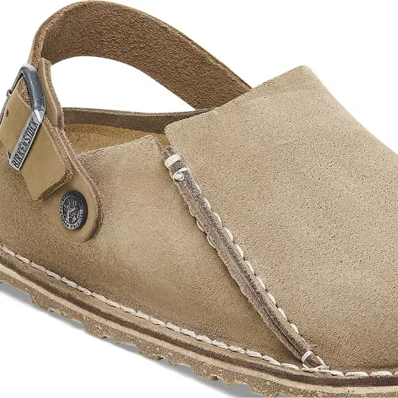 New Birkenstock Lutry Premium Suede Taupe Clogs with Backstrap, size 44, US 11