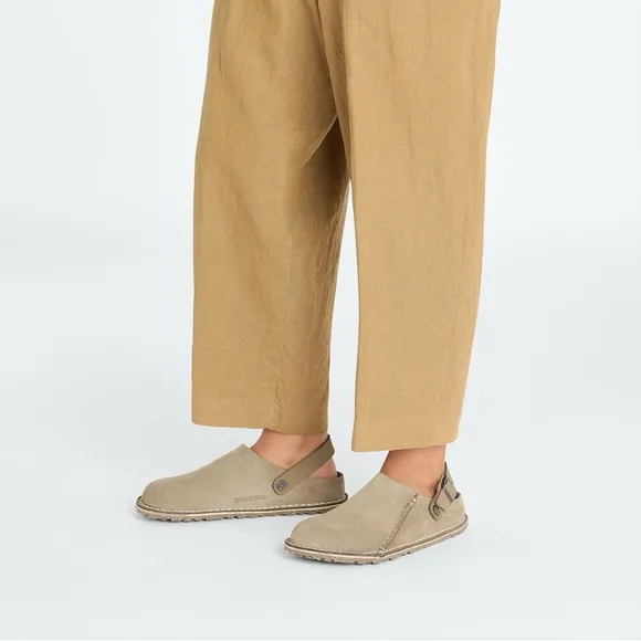 New Birkenstock Lutry Premium Suede Taupe Clogs with Backstrap, size 44, US 11