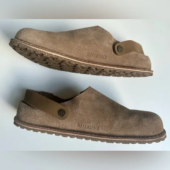 New Birkenstock Lutry Premium Suede Taupe Clogs with Backstrap, size 44, US 11