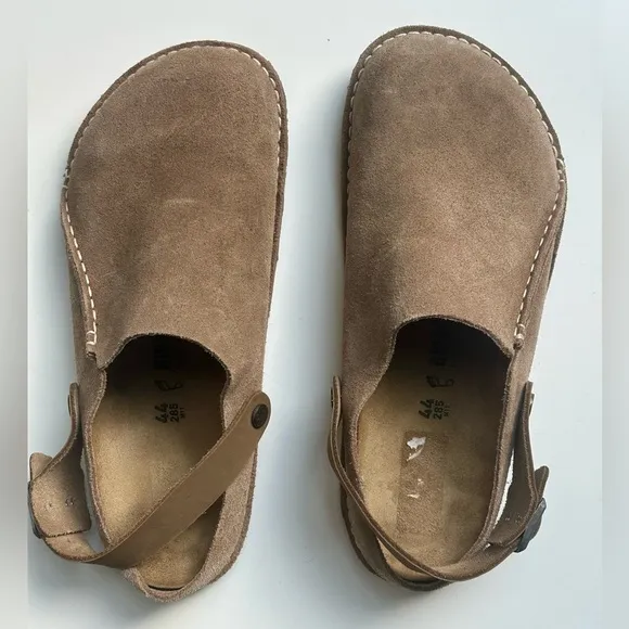 New Birkenstock Lutry Premium Suede Taupe Clogs with Backstrap, size 44, US 11