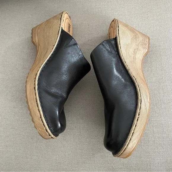 NEW Born Natalie Comfort Clogs Black Leather Wood Look Sole Women’s Size 11