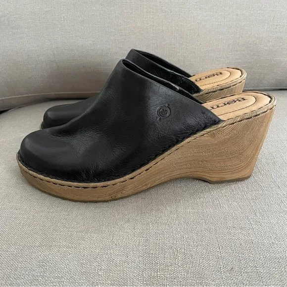 NEW Born Natalie Comfort Clogs Black Leather Wood Look Sole Women’s Size 11