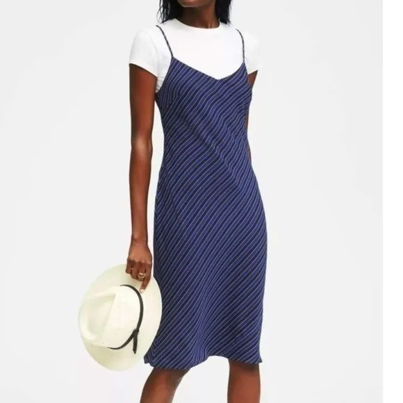 New BR 100% Silk Striped Bias Cut Slip Dress Blue 0, XS