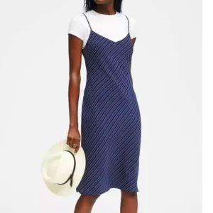 New BR 100% Silk Striped Bias Cut Slip Dress Blue 0, XS