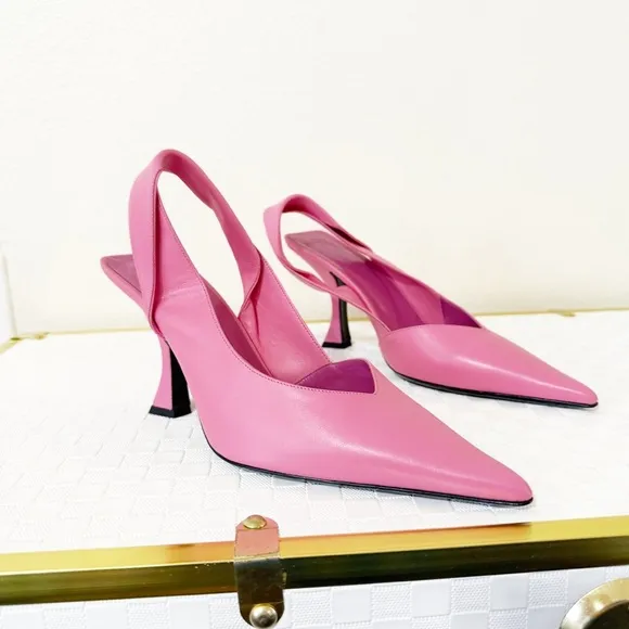 NEW By Far Yasha Slingback Leather Pointed Toe Twisted Strap Pink Heels Size 39