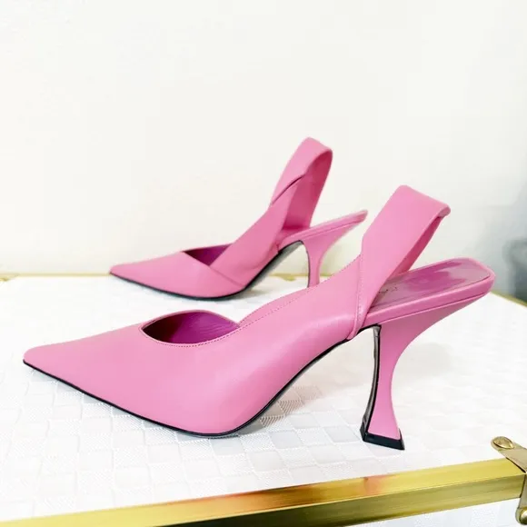 NEW By Far Yasha Slingback Leather Pointed Toe Twisted Strap Pink Heels Size 39