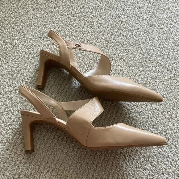 NEW Calvin Klein Slingback Nude Pumps Heels Wrap Around Kitten Mary Janes Size 8