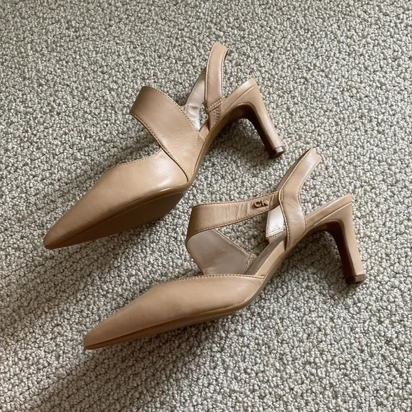 NEW Calvin Klein Slingback Nude Pumps Heels Wrap Around Kitten Mary Janes Size 8