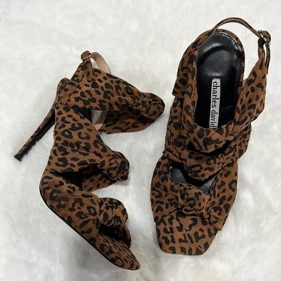 New Charles David Vinnie Suede Leopard-Print Slingback Sandal Heels