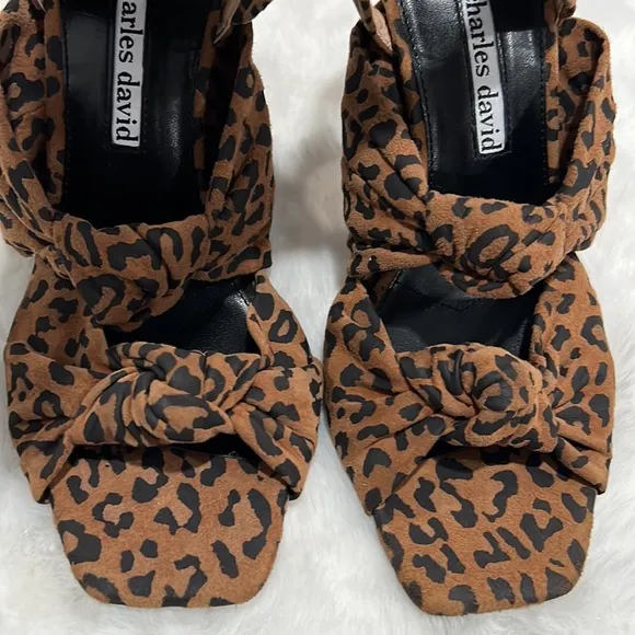 New Charles David Vinnie Suede Leopard-Print Slingback Sandal Heels