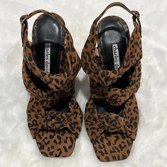 New Charles David Vinnie Suede Leopard-Print Slingback Sandal Heels