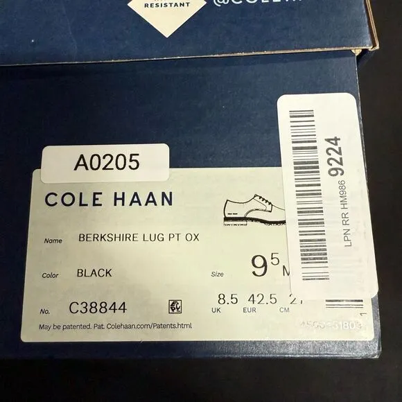 New Cole Haan Hann Black Berkshire Lug Plain Toe Oxfords 9.5