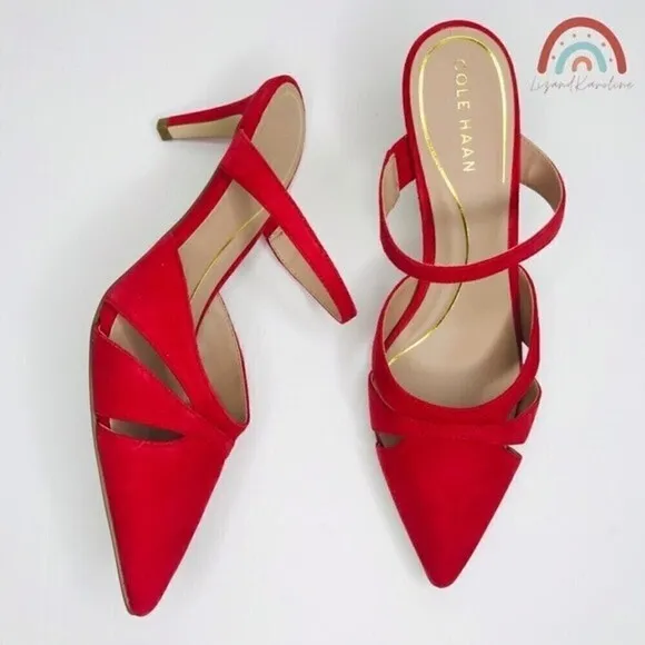New! Cole Haan Leather Suede Vandam Dress Mules Red Pointed Stiletto Heels