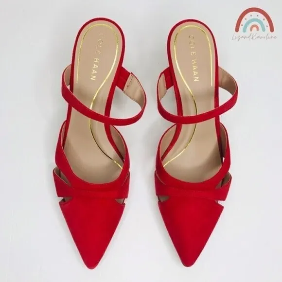 New! Cole Haan Leather Suede Vandam Dress Mules Red Pointed Stiletto Heels