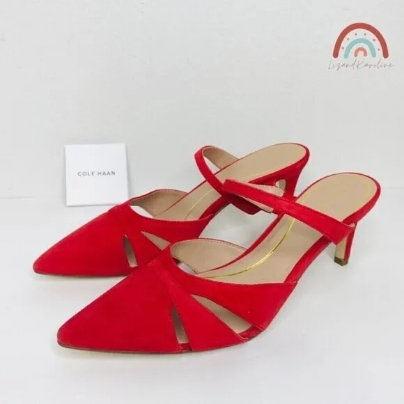 New! Cole Haan Leather Suede Vandam Dress Mules Red Pointed Stiletto Heels