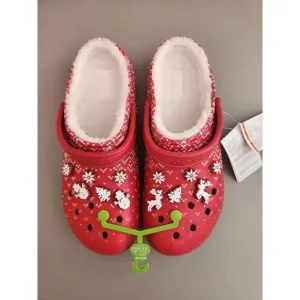 New Crocs Unisex-Adult Classic Lined Holiday Charm Clogs US M11 Red