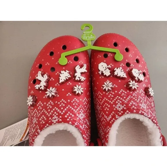 New Crocs Unisex-Adult Classic Lined Holiday Charm Clogs US M11 Red
