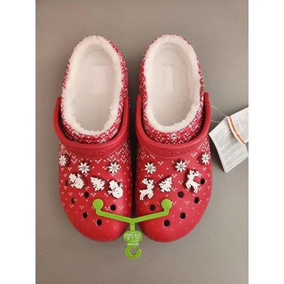 New Crocs Unisex-Adult Classic Lined Holiday Charm Clogs US M11 Red