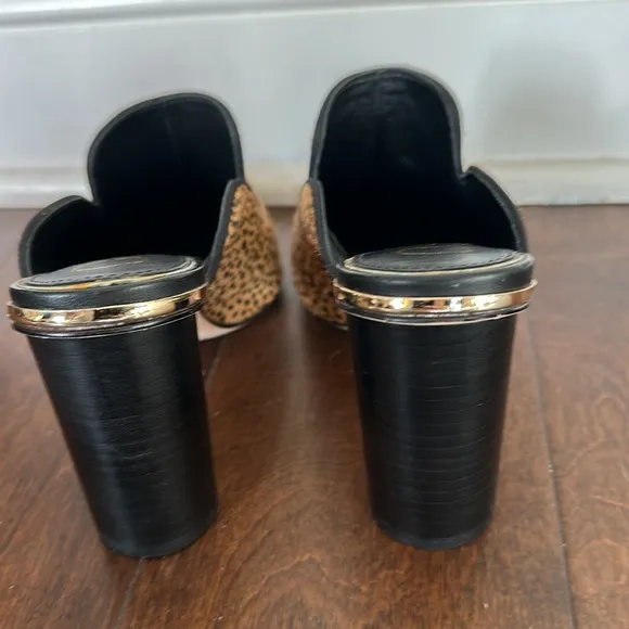 NEW DELTAN Leopard Print Fur Heel Mules Slides women size 6.5