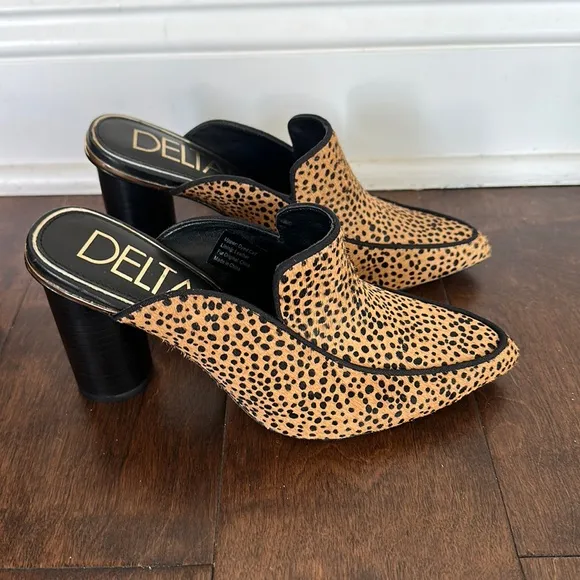 NEW DELTAN Leopard Print Fur Heel Mules Slides women size 6.5