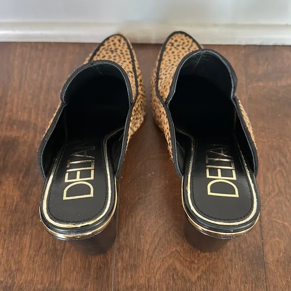 NEW DELTAN Leopard Print Fur Heel Mules Slides women size 6.5