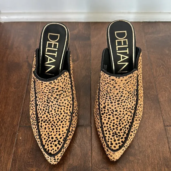 NEW DELTAN Leopard Print Fur Heel Mules Slides women size 6.5