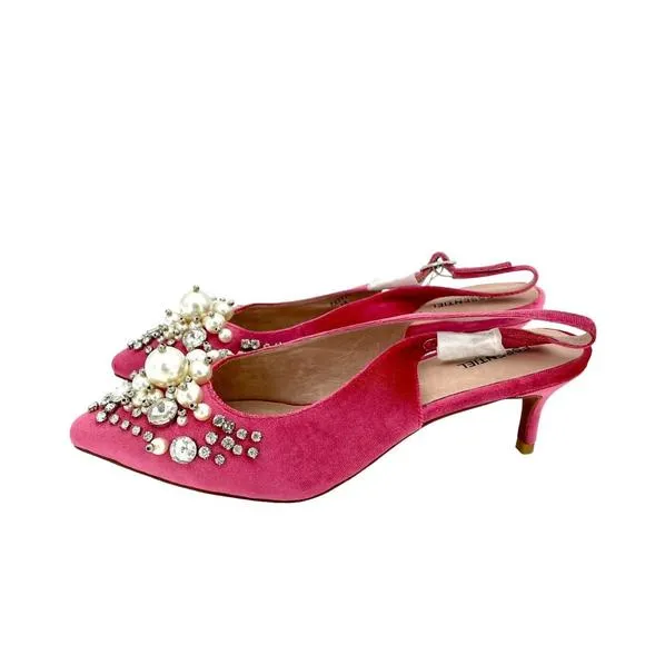 NEW ESSENTIEL ANTWERP velvet crystals pearls pointed toe kitten pumps in pink