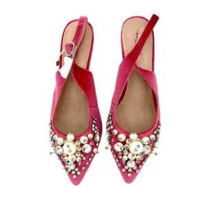 NEW ESSENTIEL ANTWERP velvet crystals pearls pointed toe kitten pumps in pink