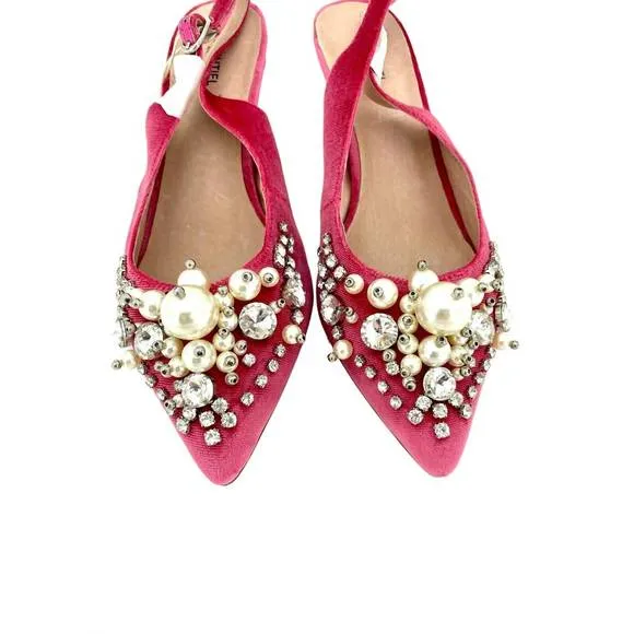 NEW ESSENTIEL ANTWERP velvet crystals pearls pointed toe kitten pumps in pink