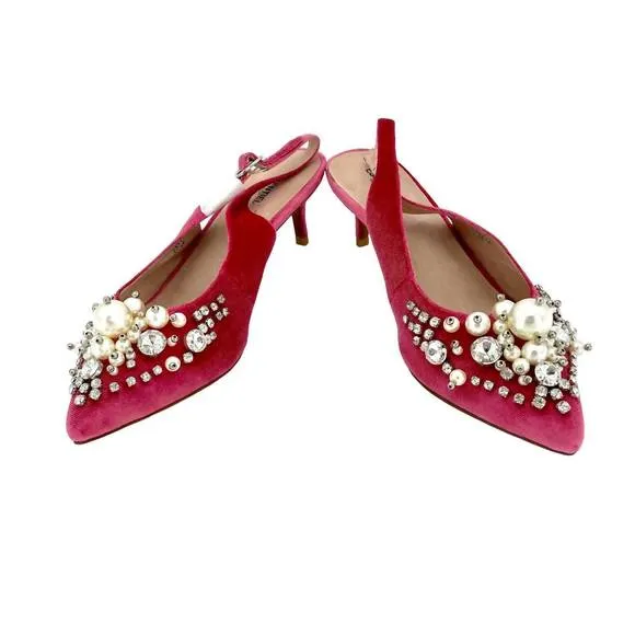 NEW ESSENTIEL ANTWERP velvet crystals pearls pointed toe kitten pumps in pink
