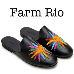 New Farm Rio Beaded Sunshine ☀️ Black Leather Flat Mules Size 7