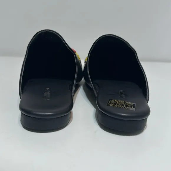 New Farm Rio Beaded Sunshine ☀️ Black Leather Flat Mules Size 7