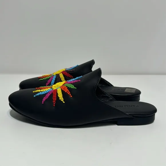 New Farm Rio Beaded Sunshine ☀️ Black Leather Flat Mules Size 7