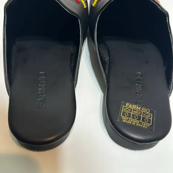 New Farm Rio Beaded Sunshine ☀️ Black Leather Flat Mules Size 7