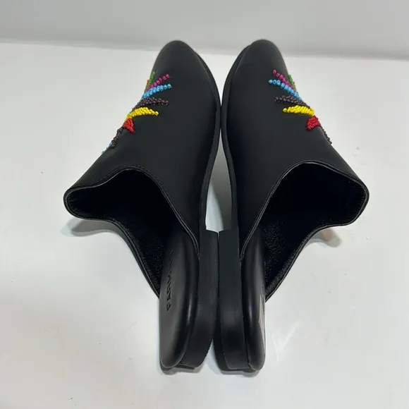 New Farm Rio Beaded Sunshine ☀️ Black Leather Flat Mules Size 7