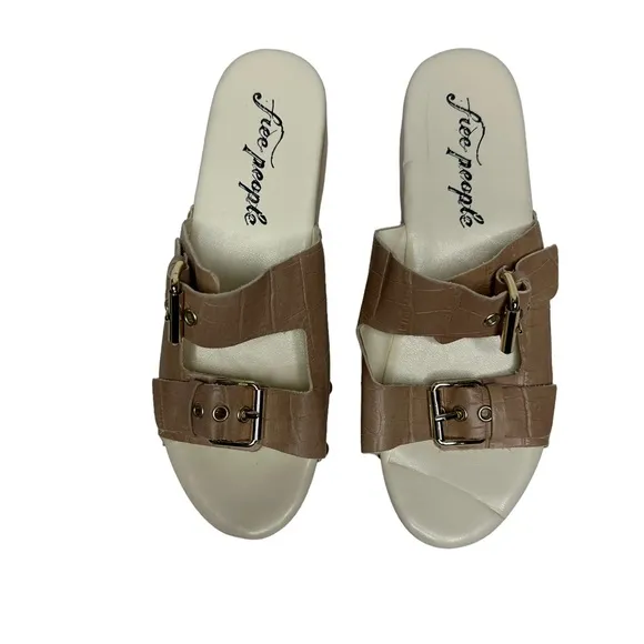NEW Free People Fiona Embossed Croc Leather/Wood Clog Buckle Sandals 39