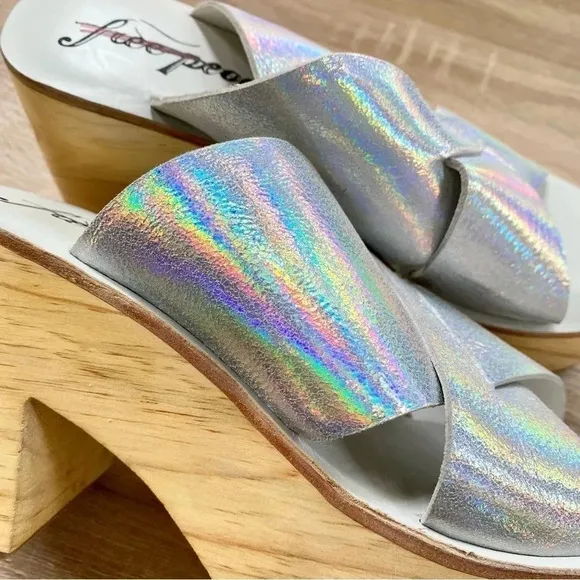 New Free People Kora Platform Clog Sandals Heel Silver Metallic Wood Brown