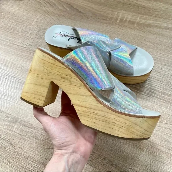 New Free People Kora Platform Clog Sandals Heel Silver Metallic Wood Brown