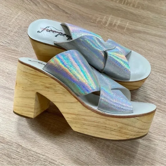 New Free People Kora Platform Clog Sandals Heel Silver Metallic Wood Brown