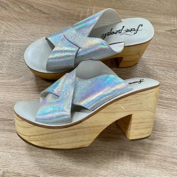 New Free People Kora Platform Clog Sandals Heel Silver Metallic Wood Brown