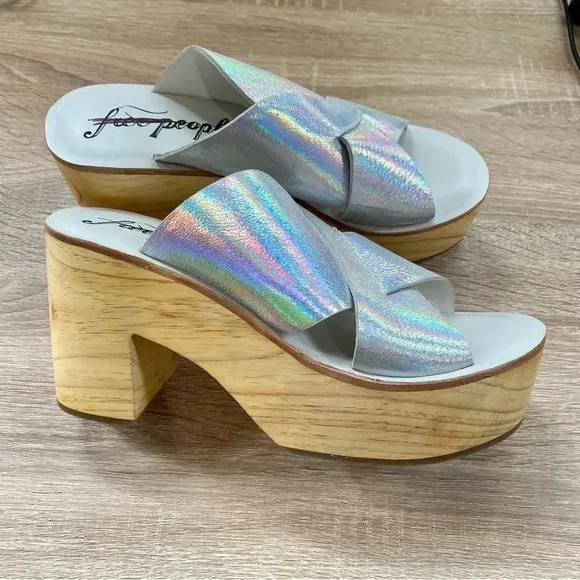 New Free People Kora Platform Clog Sandals Heel Silver Metallic Wood Brown